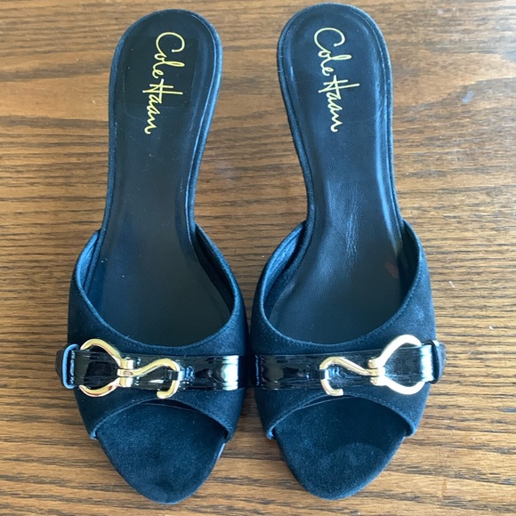 Cole Haan Nike air  black suede/leather mule sandals w gold hardware EUC - Picture 2 of 6